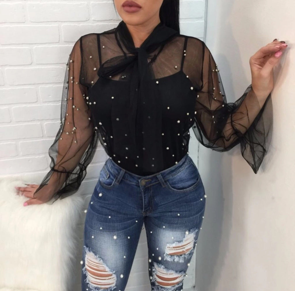 MIRLINA Pearl Mesh Blouse Black / S