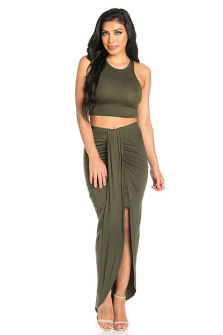Sexy Crop Top and Ruched Maxi Skirt Set